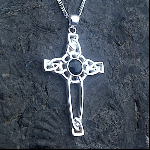 Sterling silver and Whitby Jet Celtic cross cabochon pendant on 18 inch curb chain