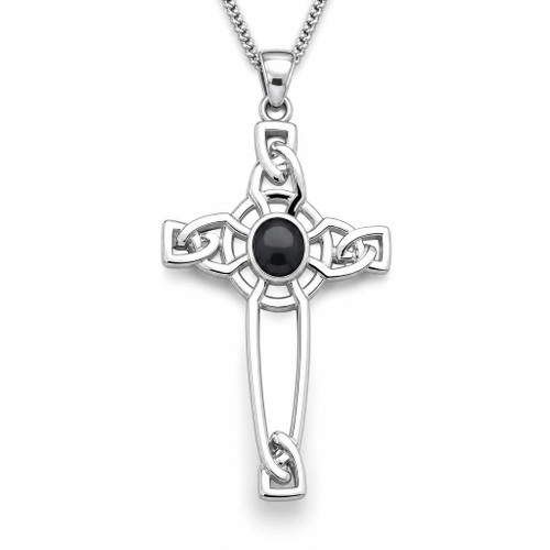 Sterling silver and Whitby Jet Celtic cross cabochon pendant on 18 inch curb chain