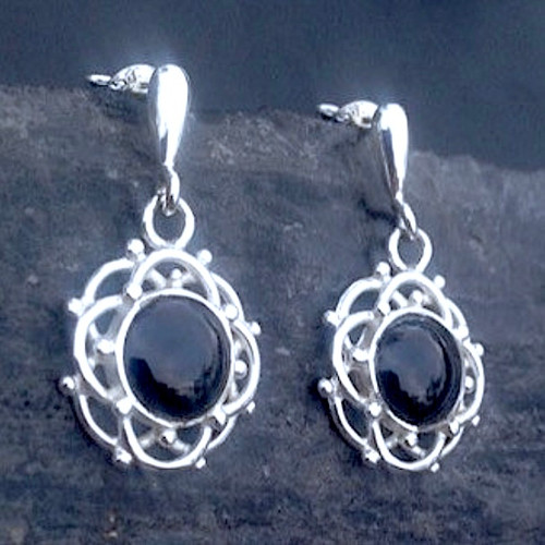 Sterling silver frill bead drop earrings round Whitby Jet cabochons and stud fastenings