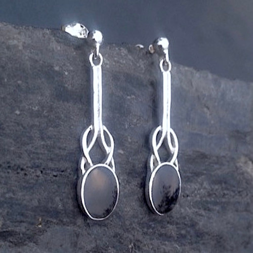 Long slim Celtic sterling silver and Whitby Jet drop earrings with stud fastenings