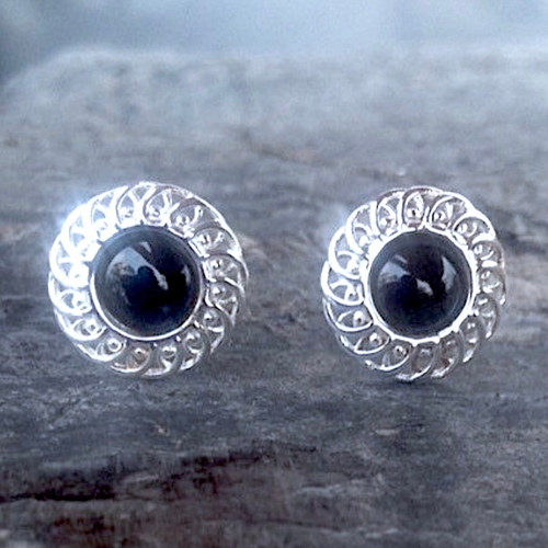 Hand crafted large round frill edge Whitby Jet sterling silver stud earrings