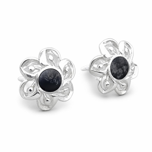 Modern large sterling silver Whitby Jet floral stud earrings