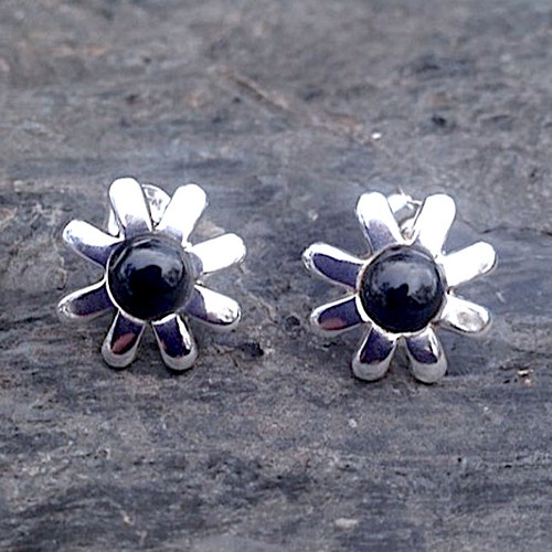 Large contemporary 925 sterling silver and Whitby Jet daisy stud earrings