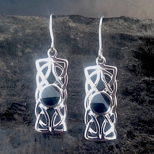Large rectangular Celtic sterling silver and Whitby Jet drop earrings with round stone
