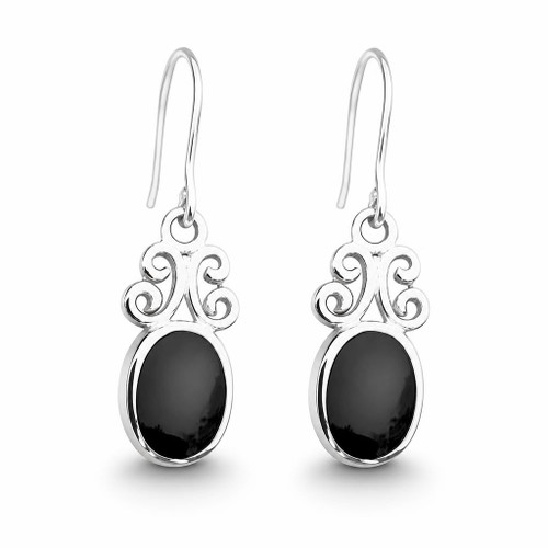 Hand crafted 925 silver and Whitby Jet oval stone scroll top drop earrings