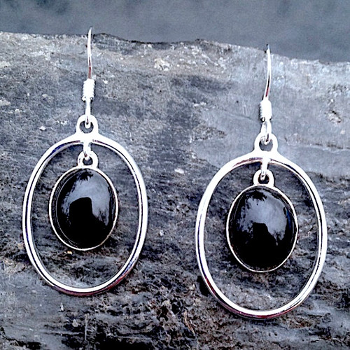 Large open oval sterling silver drop earrings with oval Whitby Jet cabochons