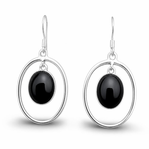 Large open oval sterling silver drop earrings with oval Whitby Jet cabochons