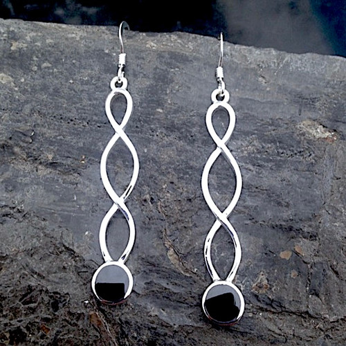Long Celtic twisted spiral sterling silver drop earrings with hand carved round Whitby Jet