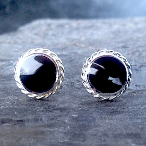 Large round sterling silver and Whitby Jet rope edge stud earrings