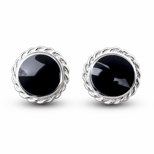 Large round sterling silver and Whitby Jet rope edge stud earrings