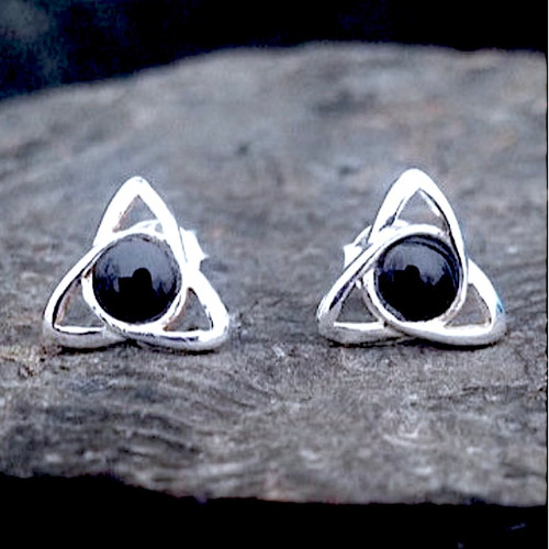 Small sterling silver Celtic trinity knot stud earrings with round Whitby Jet cabochons