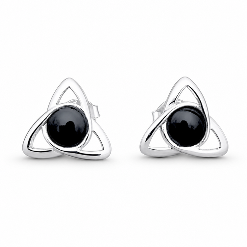 Sterling silver Celtic trinity knot stud earrings with round Whitby Jet cabochons