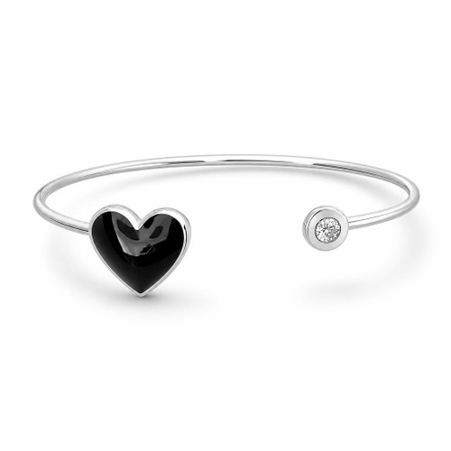 Hand crafted Sterling silver open bangle with Whitby Jet heart and a sparkling round cubic zirconia