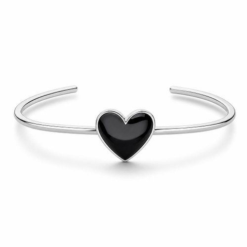 Contemporary 925 sterling silver open bangle with Whitby Jet black carved love heart stone 