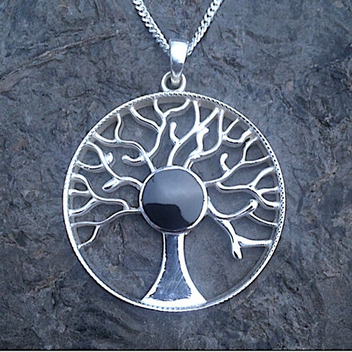 Circular 925 silver tree of life necklace with hand carved natural black stone