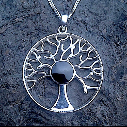 Large round sterling silver tree of life pendant necklace with round Whitby Jet stone