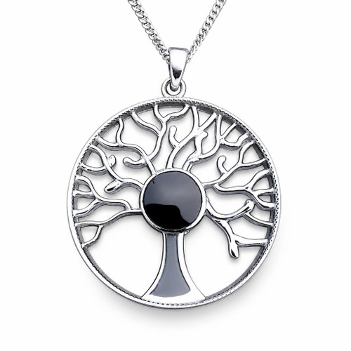 Large round sterling silver tree of life pendant necklace with round Whitby Jet stone