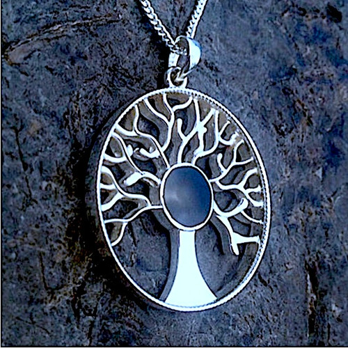 Large round sterling silver tree of life pendant with round Whitby Jet stone