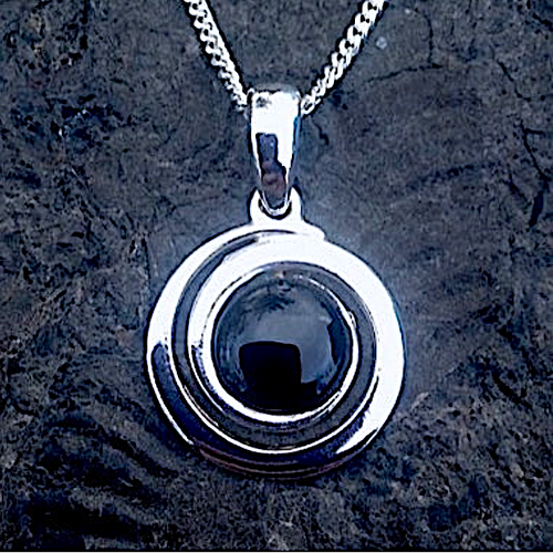 Hand crafted sterling silver Whitby Jet round spiral cabochon necklace