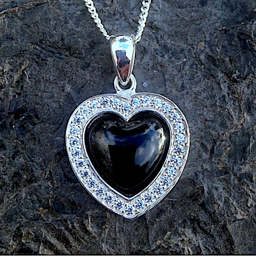 Whitby Jet heart pendant with sparkly cubic zirconia edge on sterling silver chain