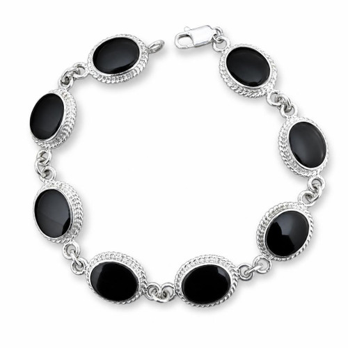 Hand crafted Whitby Jet and sterling silver oval multi stone rope edge bracelet