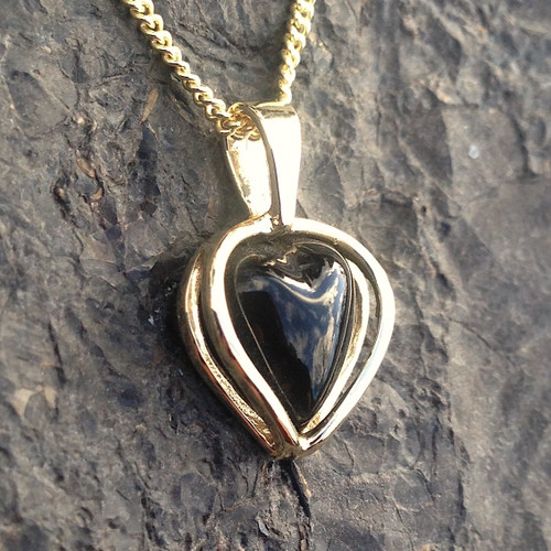 Hand crafted 9ct gold carved Whitby Jet open heart necklace