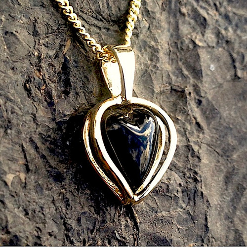 Hand crafted 9ct gold carved Whitby Jet open heart necklace