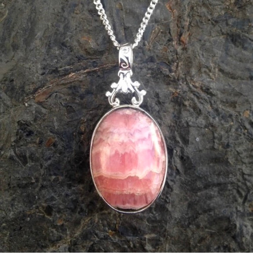 Hand crafted  925 Sterling silver double sided Jet and rhodochrosite oval necklace