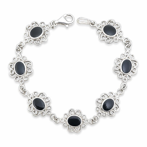 Hand crafted sterling silver fancy scroll edge Whitby Jet multi stone bracelet