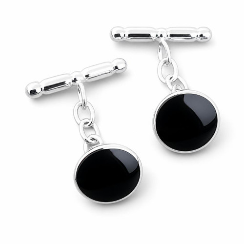 Hand crafted round sterling silver and Whitby Jet chain link cufflinks