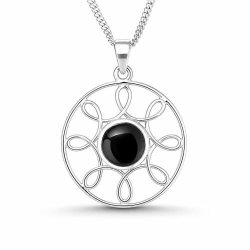 Large round sterling silver Whitby Jet pendant necklace with open loop detailing