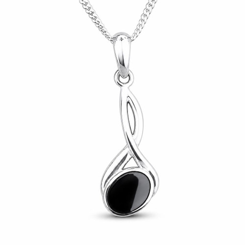 Hand crafted modern elegant sterling silver necklace with oval Whitby Jet stone