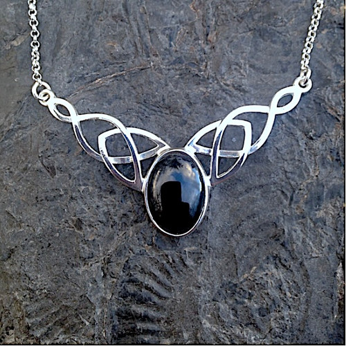 Large Celtic sterling silver and Whitby Jet oval cabochon extendable necklace