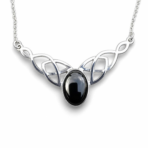 Large Celtic sterling silver and Whitby Jet oval cabochon extendable necklace