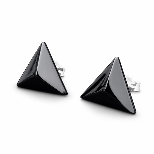 Hand carved Whitby Jet triangle stud earrings with sterling silver