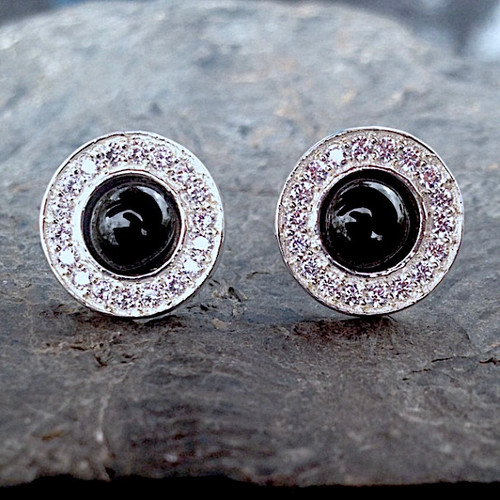 Sparkly circular Whitby Jet sterling silver CZ ear studs