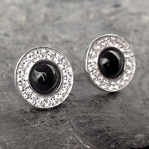 Large hand crafted round Whitby Jet Cubic Zirconia sterling silver stud earrings