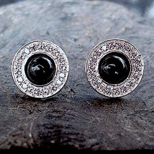 Sparkling circular Whitby Jet sterling silver CZ ear studs