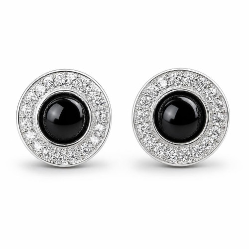 Sparkling circular Whitby Jet sterling silver CZ ear studs