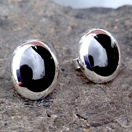 Large hand crafted oval Whitby Jet sterling silver cushion edge stud earrings