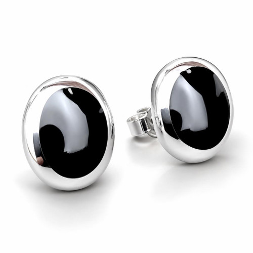 Large hand crafted oval Whitby Jet sterling silver cushion edge stud earrings