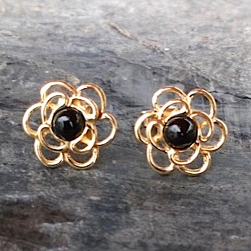 Hand crafted large Whitby Jet 9ct gold flower stud earrings with scroll backs
