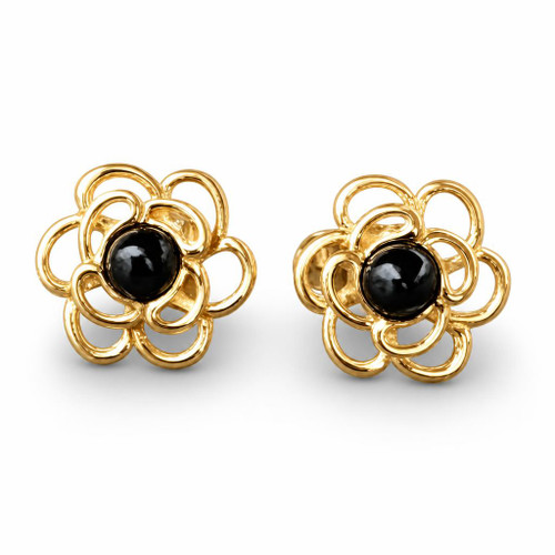 Hand crafted large Whitby Jet 9ct gold flower stud earrings with scroll backs