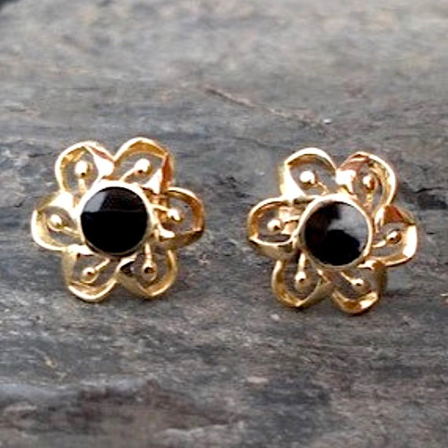 Hand crafted large Whitby Jet 9ct gold floral ear studs