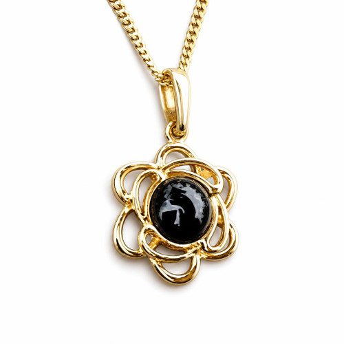 Hand crafted Whitby Jet 9ct gold open flower pendant necklace with round cabochon