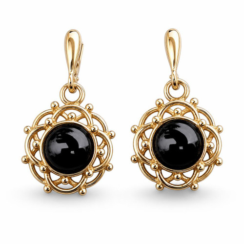Hand crafted Whitby Jet 9ct gold frill and bead drop earrings with round cabochons