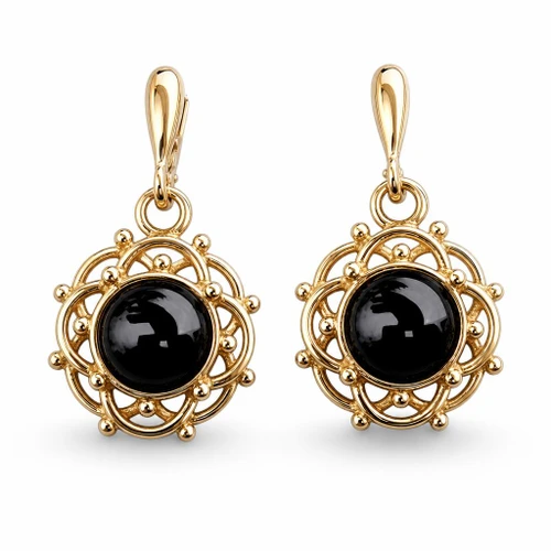 Hand crafted Whitby Jet 9ct gold frill and bead drop earrings with round cabochons