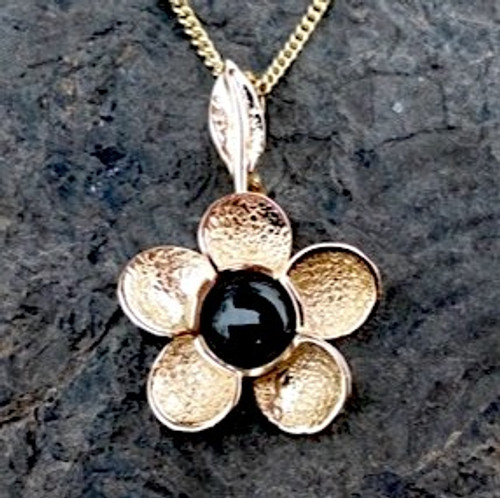Hand crafted 9ct gold floral necklace with round Whitby Jet cabochon and leaf bail