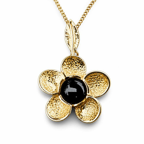 Hand crafted 9ct gold floral necklace with round Whitby Jet cabochon and leaf bail