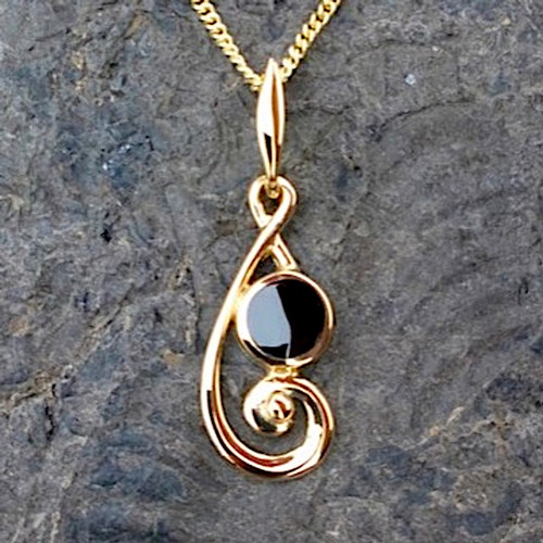 Handcrafted Whitby Jet 9ct yellow gold treble clef pendant necklace in gift box
